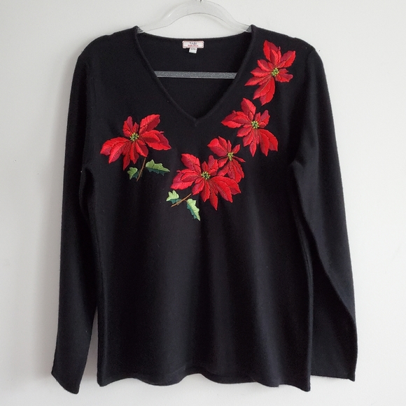 Black Poinsettia Flower Sweater Size Large - Picture 3 of 4